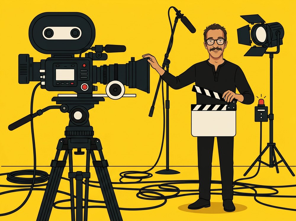 Film setinde kamera ve klaket yanında
